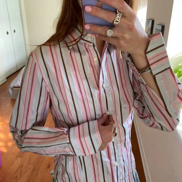 Etro Vintage Striped Button Up Blouse White Pink Size 40 - Picture 2 of 7